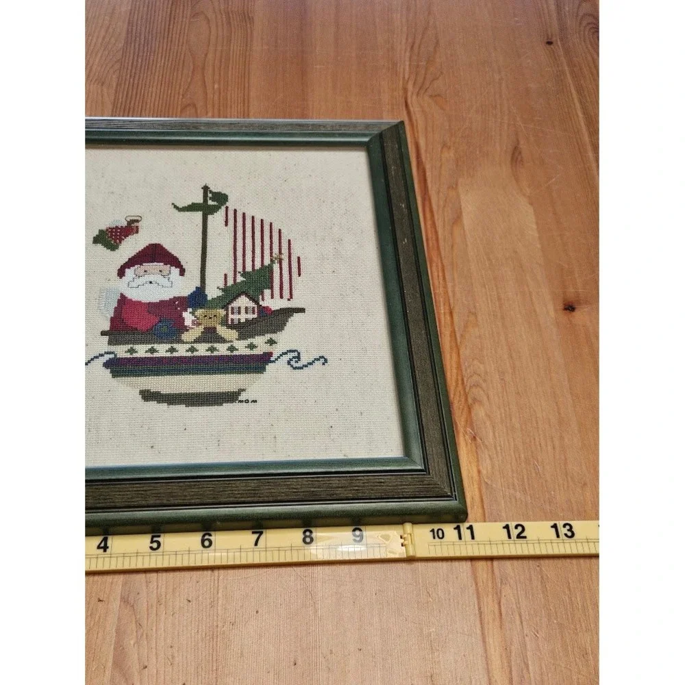 Vintage Santa Ship Cross Stitch Framed Needlepoint Christmas Folk Wall Hanging